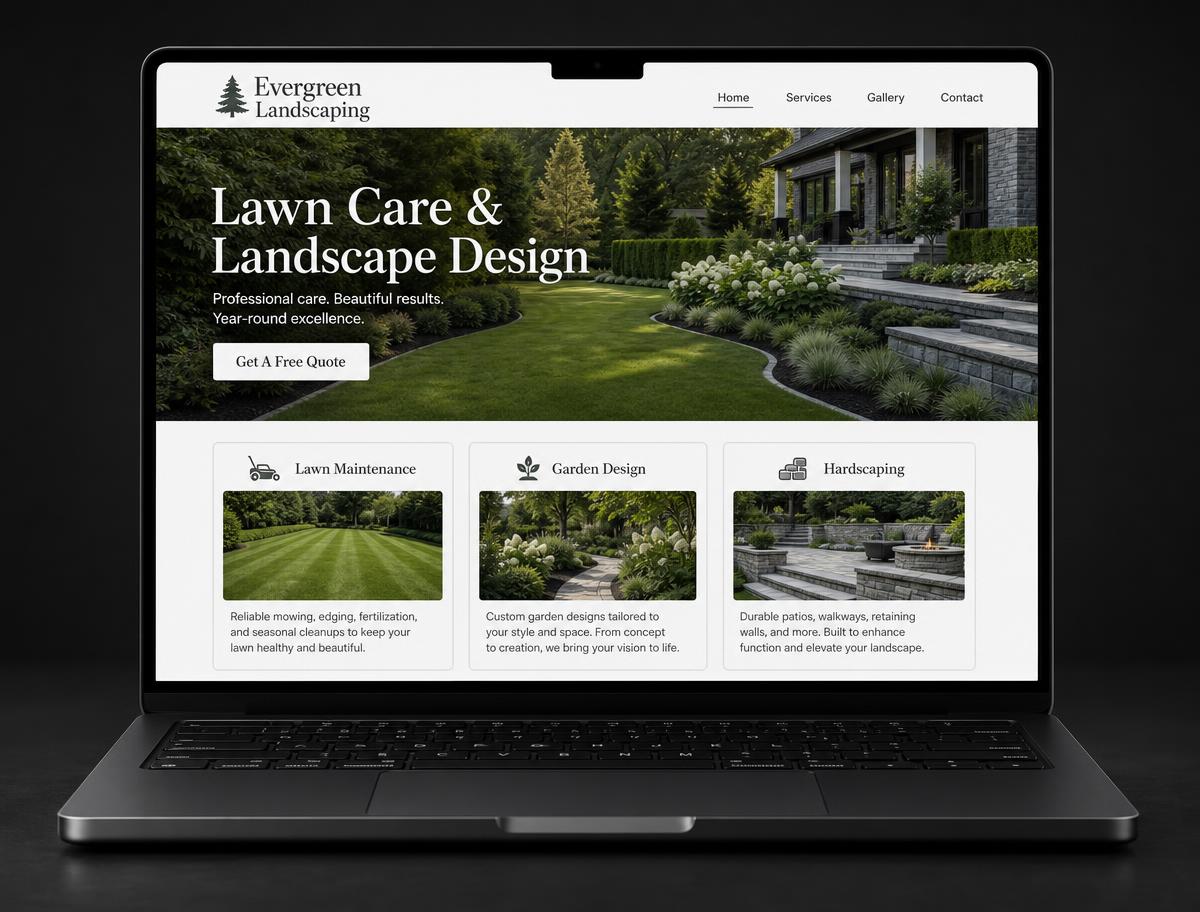 Evergreen Grove Landscaping concept website mockup shown on a laptop