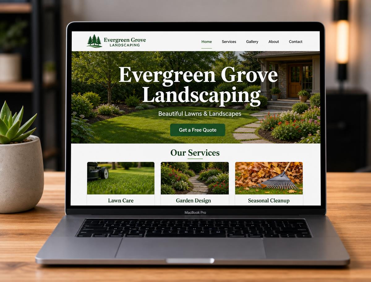 Evergreen Grove Landscaping concept website mockup shown on a laptop
