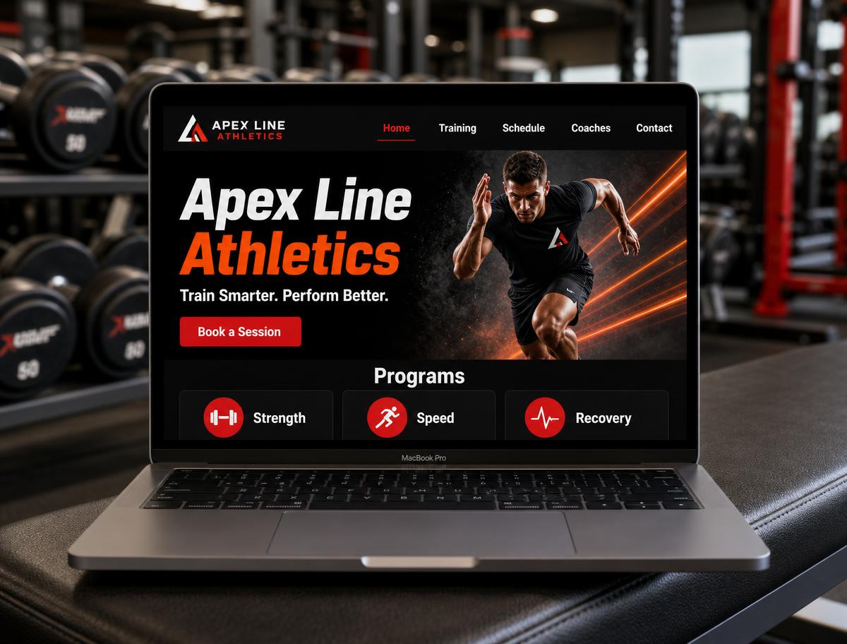 Apex Line Athletics performance training concept website mockup shown on a laptop