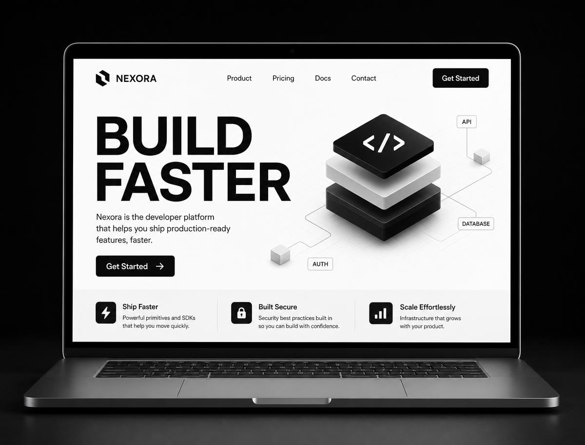 Nexora Labs technology startup concept website mockup shown on a laptop