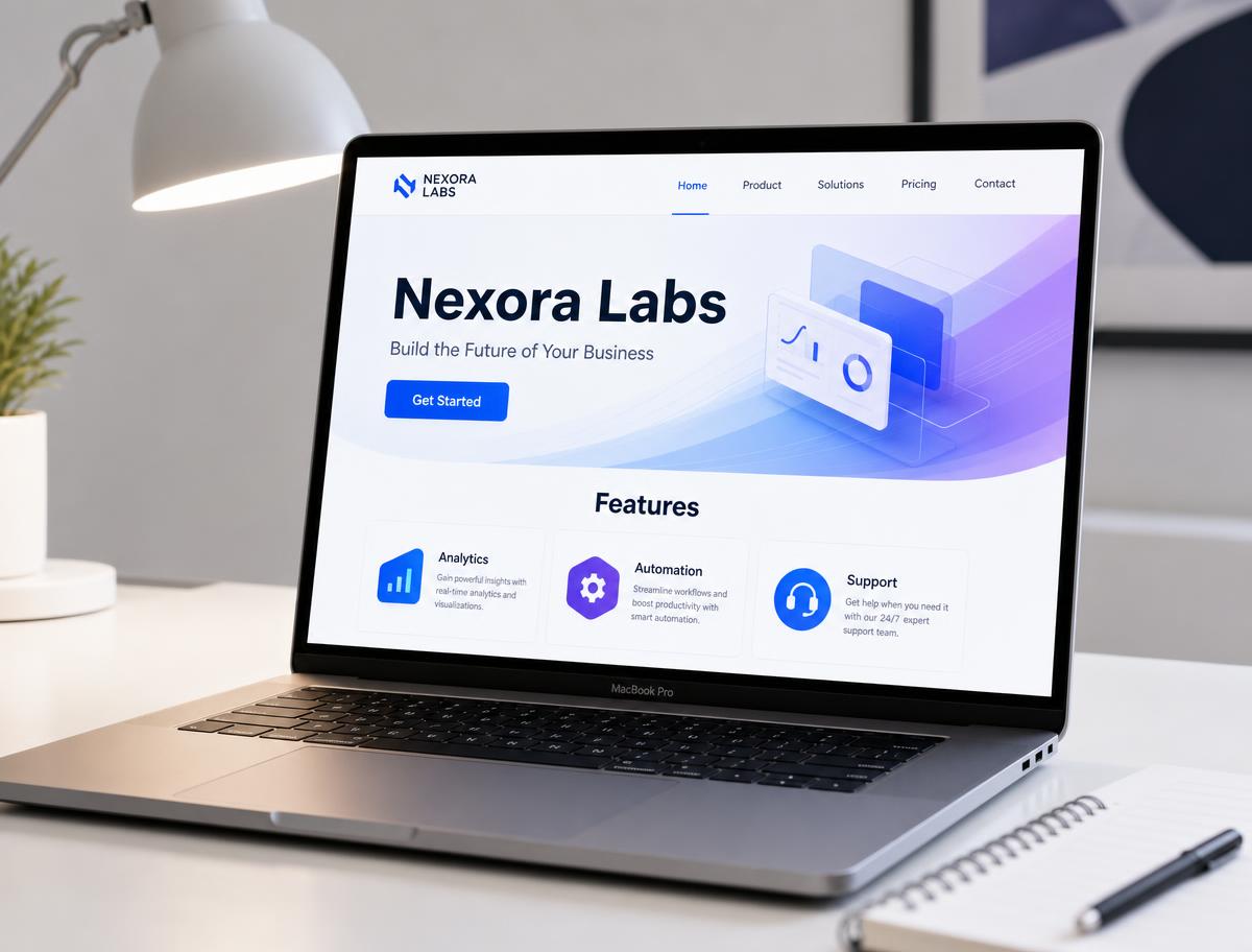 Nexora Labs technology startup concept website mockup shown on a laptop